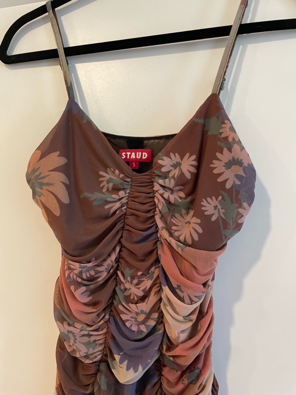 STAUD Brown Floral Ruched Midi Dress